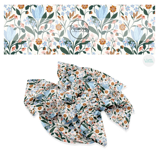These spring floral pattern themed no sew bow strips can be easily tied and attached to a clip for a finished hair bow. These patterned bow strips are great for personal use or to sell. These bow strips features light blue and light pink flowers with green leaves on cream. 