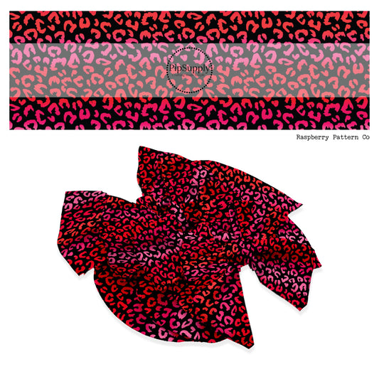 Pink and red ombre leopard print on black hair bow strips
