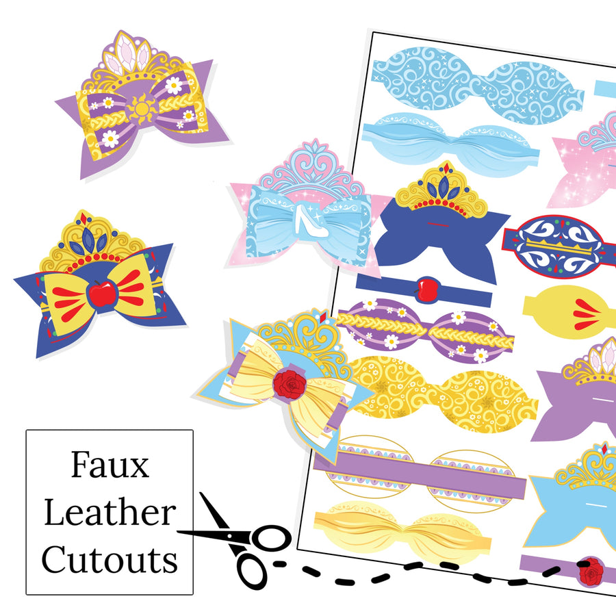 These princess crown themed layered faux leather bows are ready to cut and assemble for many craft projects. These patterned cutouts can be used to make a hair bow, headband, banner, photo props, scrapbook, party or classroom decorations, bulletin board trim or anything creative!