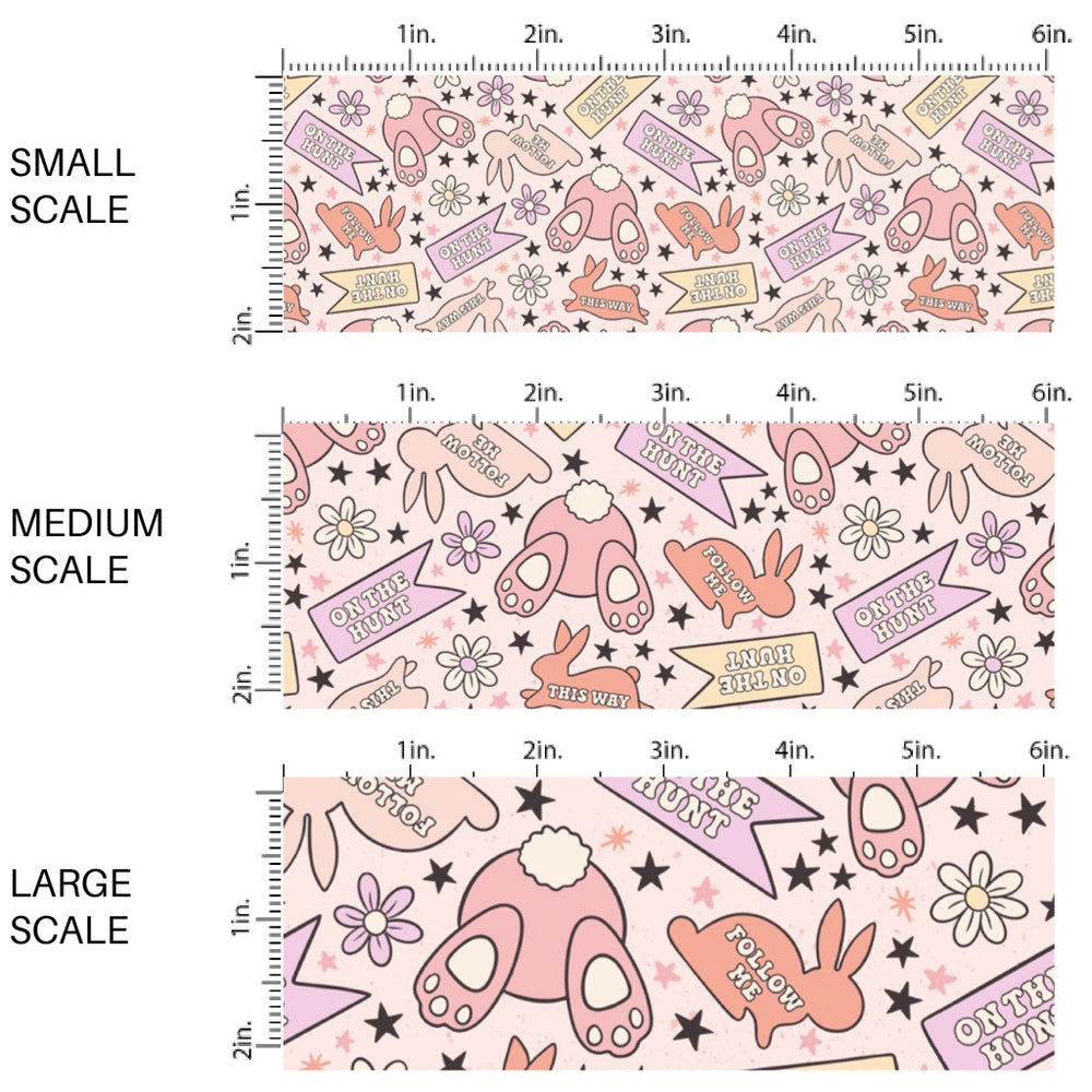 This Easter themed fabric by the yard features Easter bunnies, flowers, and spring sayings. This fun pattern fabric can be used for all your sewing and crafting needs!