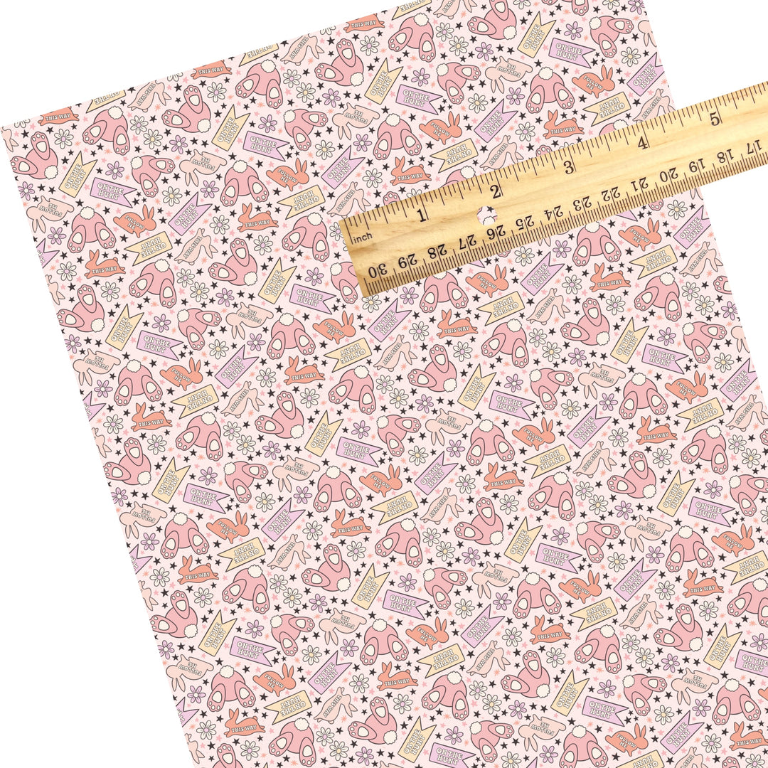 These Easter themed faux leather sheets contain the following design elements: Easter bunnies, flowers, and spring sayings. Our CPSIA compliant faux leather sheets or rolls can be used for all types of crafting projects.