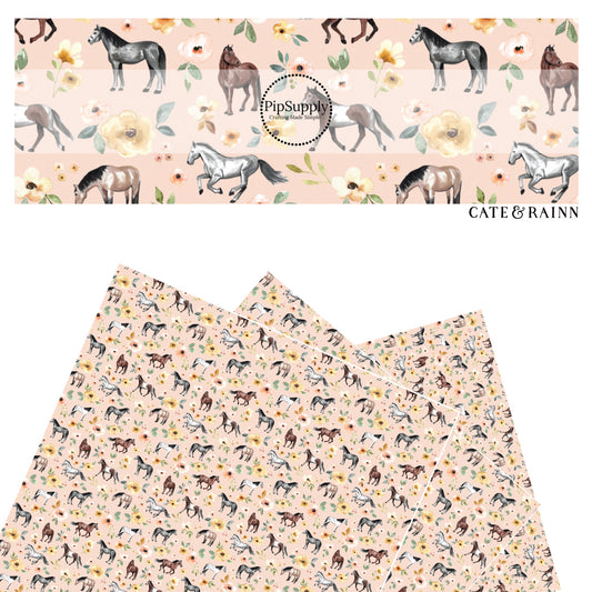 These spring floral pattern themed faux leather sheets contain the following design elements: horses surrounded by pink and yellow flowers. Our CPSIA compliant faux leather sheets or rolls can be used for all types of crafting projects.