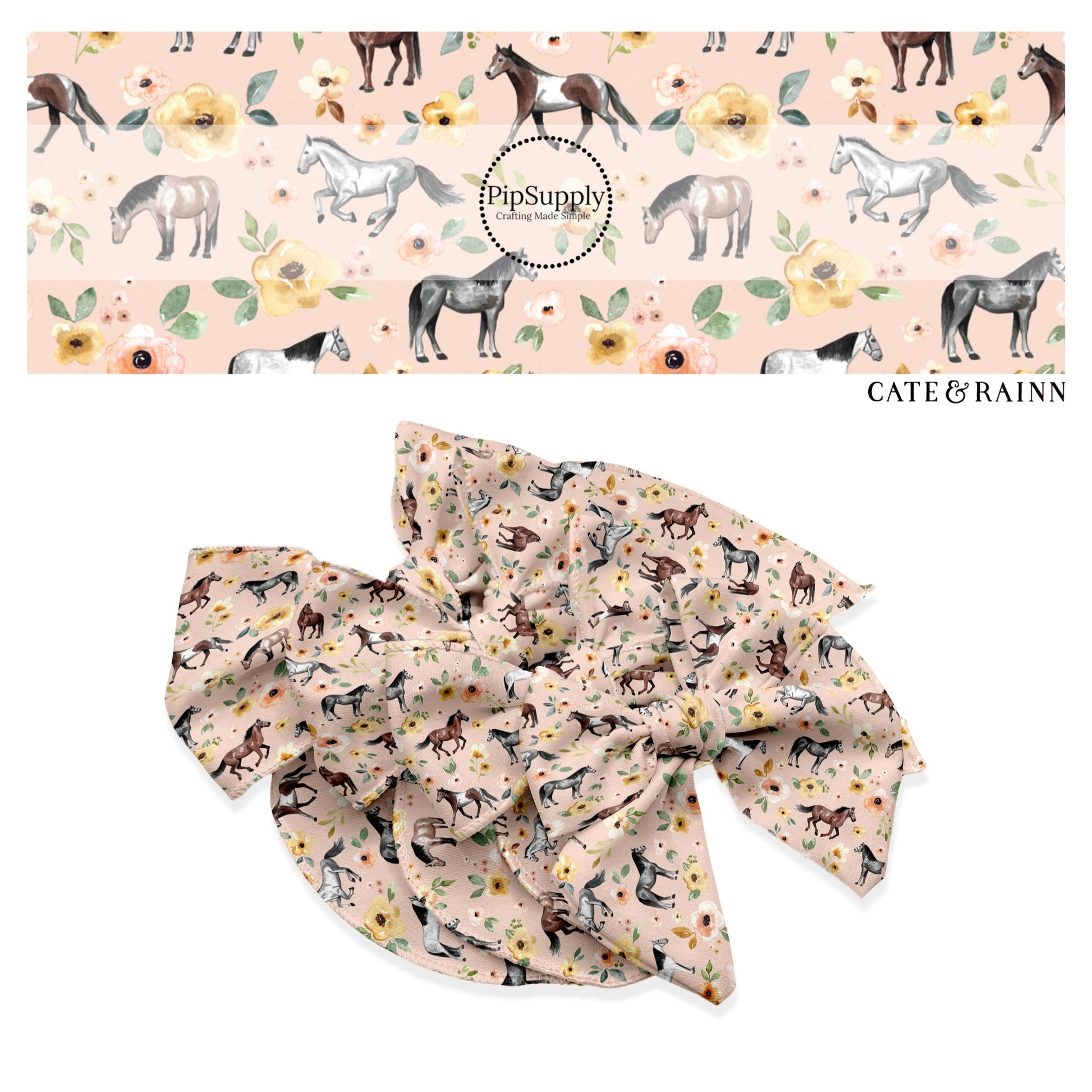 These spring floral pattern themed no sew bow strips can be easily tied and attached to a clip for a finished hair bow. These patterned bow strips are great for personal use or to sell. These bow strips features horses surrounded by pink and yellow flowers. 