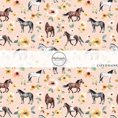 These spring floral pattern themed no sew bow strips can be easily tied and attached to a clip for a finished hair bow. These patterned bow strips are great for personal use or to sell. These bow strips features horses surrounded by pink and yellow flowers. 