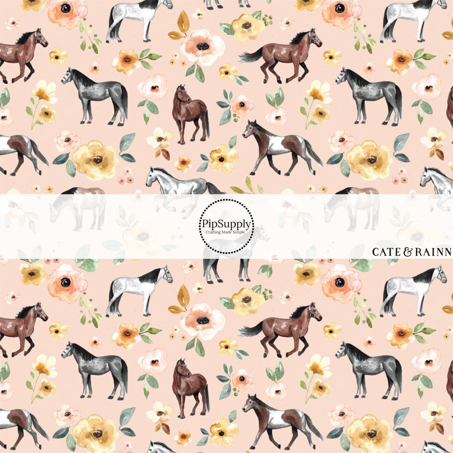 Horses and Spring Florals on Peach Fabric by the Yard.