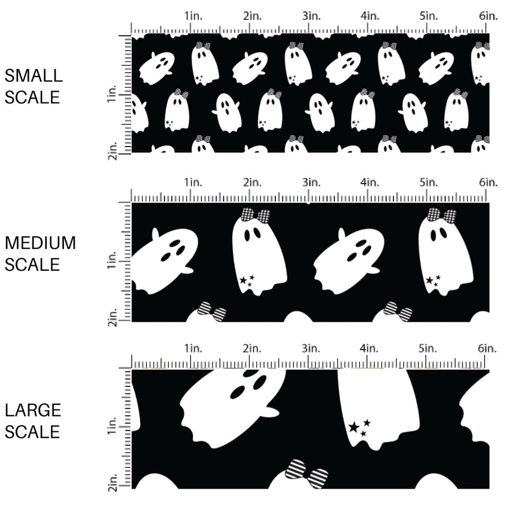 This scale chart of these Halloween themed pattern fabric by the yard features the following design elements: ghost on black. This fun spooky themed fabric can be used for all your sewing and crafting needs!