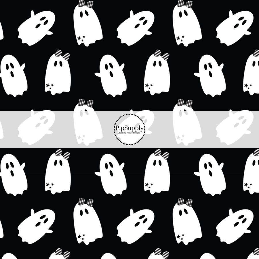 These Halloween themed pattern fabric by the yard features the following design elements: ghost on black. This fun spooky themed fabric can be used for all your sewing and crafting needs!