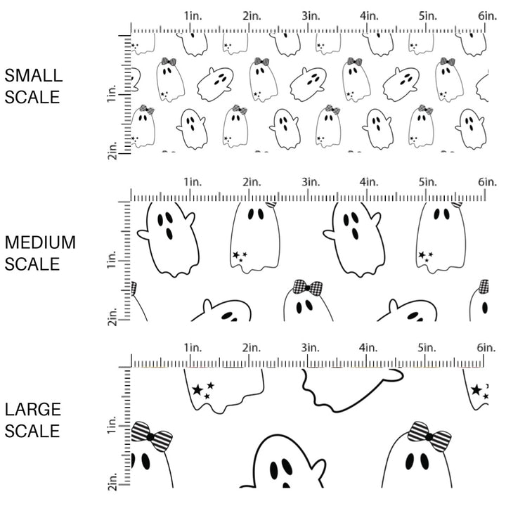 This scale chart of these Halloween themed pattern fabric by the yard features the following design elements: ghost on white. This fun spooky themed fabric can be used for all your sewing and crafting needs!