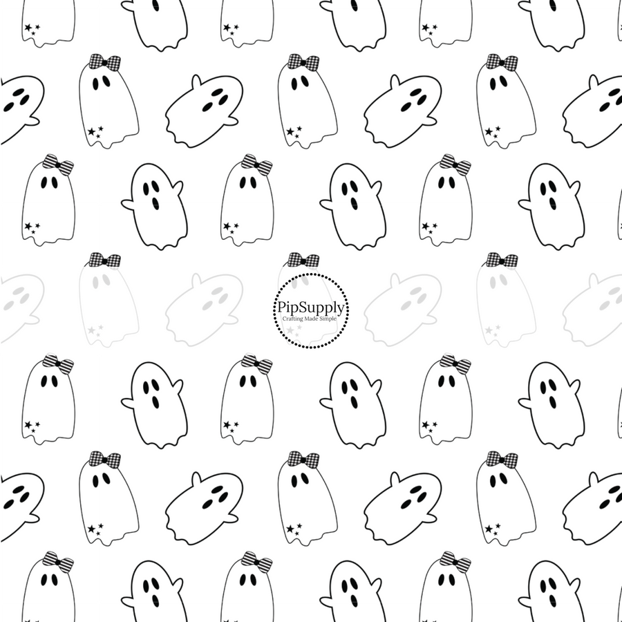 These Halloween themed pattern fabric by the yard features the following design elements: ghost on white. This fun spooky themed fabric can be used for all your sewing and crafting needs!