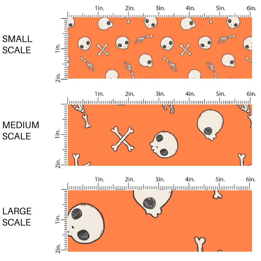 These Halloween themed pattern fabric by the yard features the following design elements: skulls and bones on orange. This fun spooky themed fabric can be used for all your sewing and crafting needs!