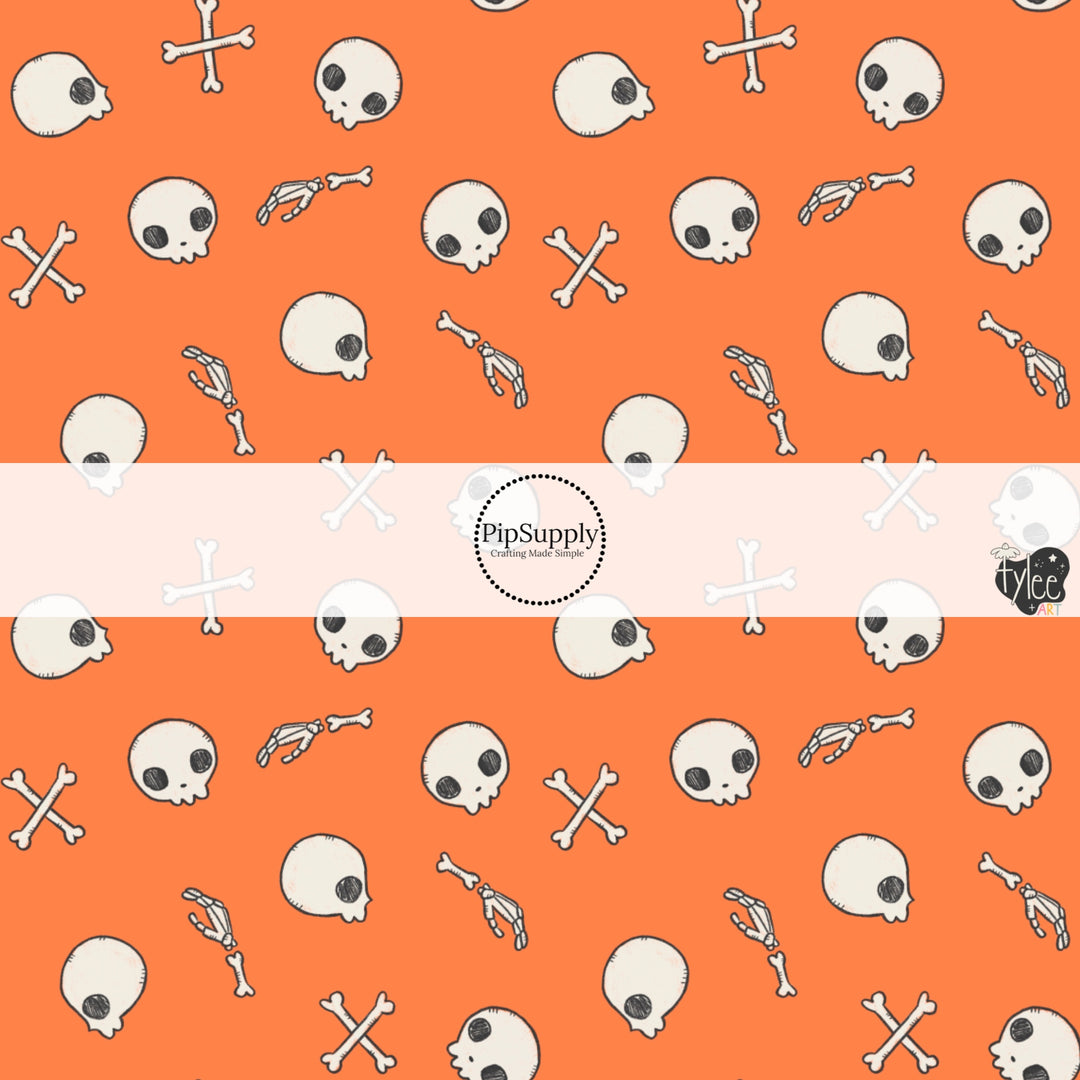 These Halloween themed pattern fabric by the yard features the following design elements: skulls and bones on orange. This fun spooky themed fabric can be used for all your sewing and crafting needs!