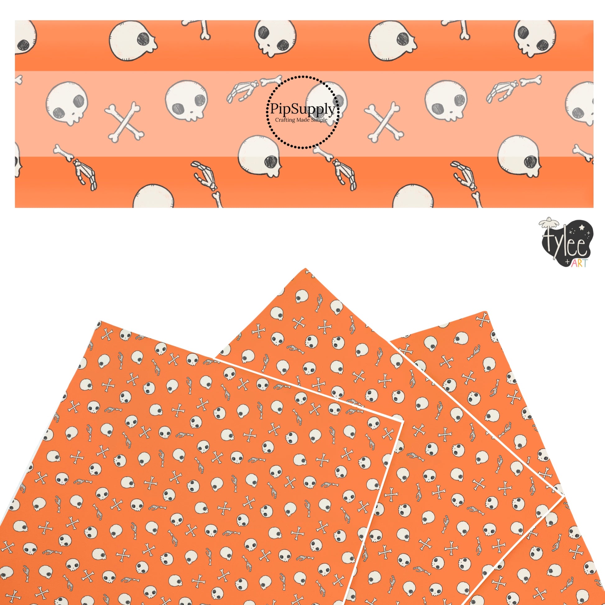 These Halloween themed pattern faux leather sheets contain the following design elements: skulls and bones on orange. Our CPSIA compliant faux leather sheets or rolls can be used for all types of crafting projects.