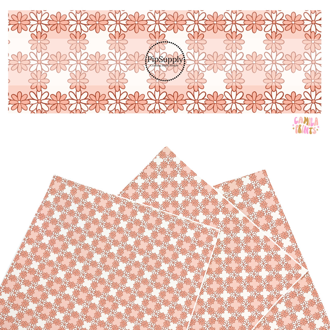 These Easter themed faux leather sheets contain the following design elements: orange daisy flowers on a checker pattern. Our CPSIA compliant faux leather sheets or rolls can be used for all types of crafting projects.