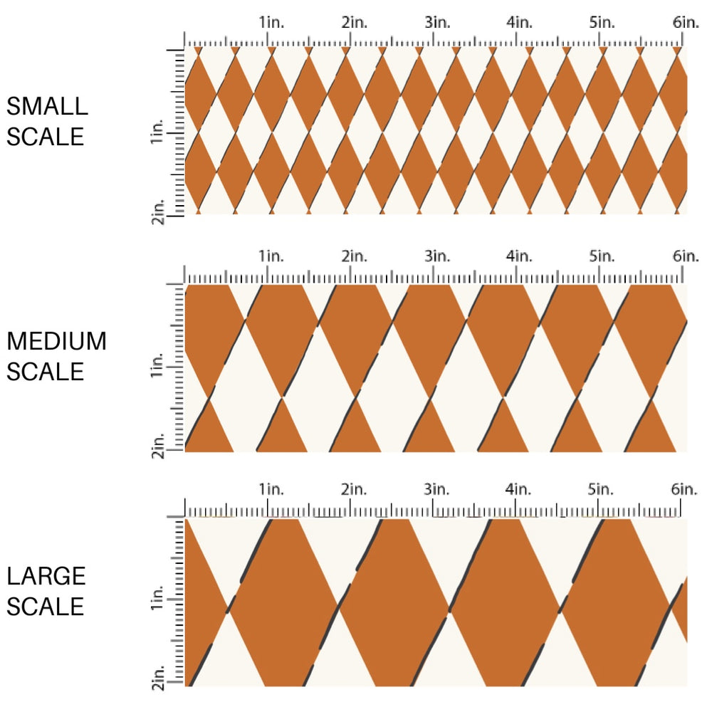 This scale chart of small scale, medium scale, and large scale of these Halloween themed pattern fabric by the yard features the following design elements: cream and orange diamond pattern. This fun spooky themed fabric can be used for all your sewing and crafting needs!