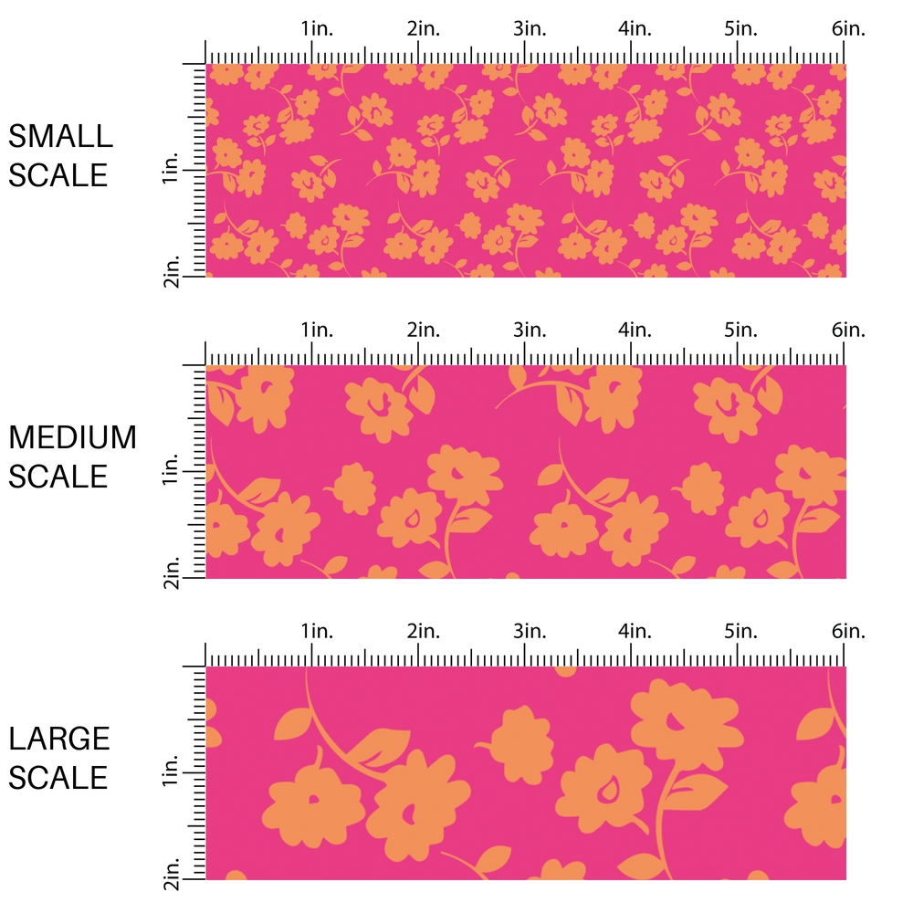 This scale chart of small scale, medium scale, and large scale of these floral themed hot pink fabric by the yard features orange flowers on hot pink. This fun summer floral themed fabric can be used for all your sewing and crafting needs! 