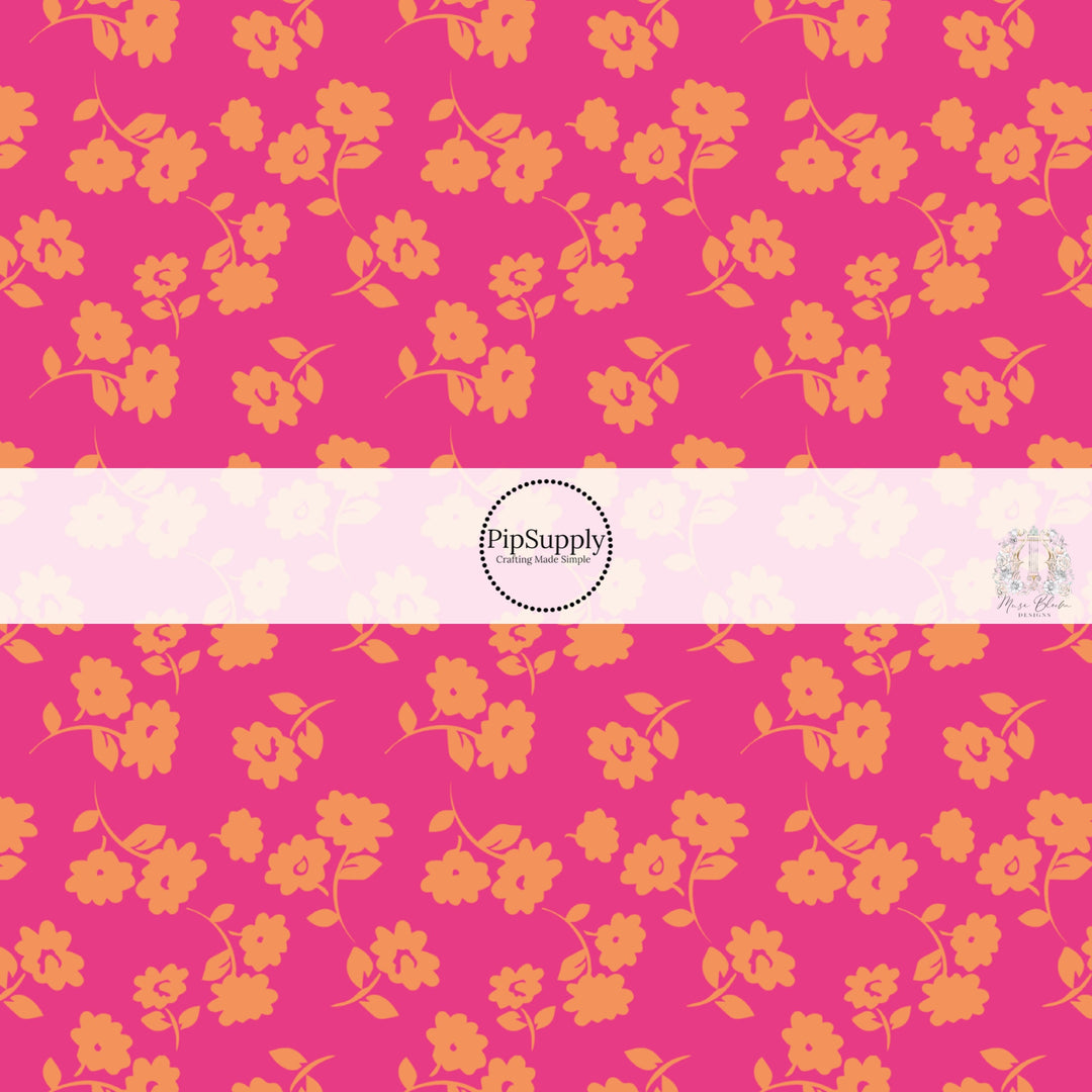 These floral themed hot pink fabric by the yard features orange flowers on hot pink. This fun summer floral themed fabric can be used for all your sewing and crafting needs! 