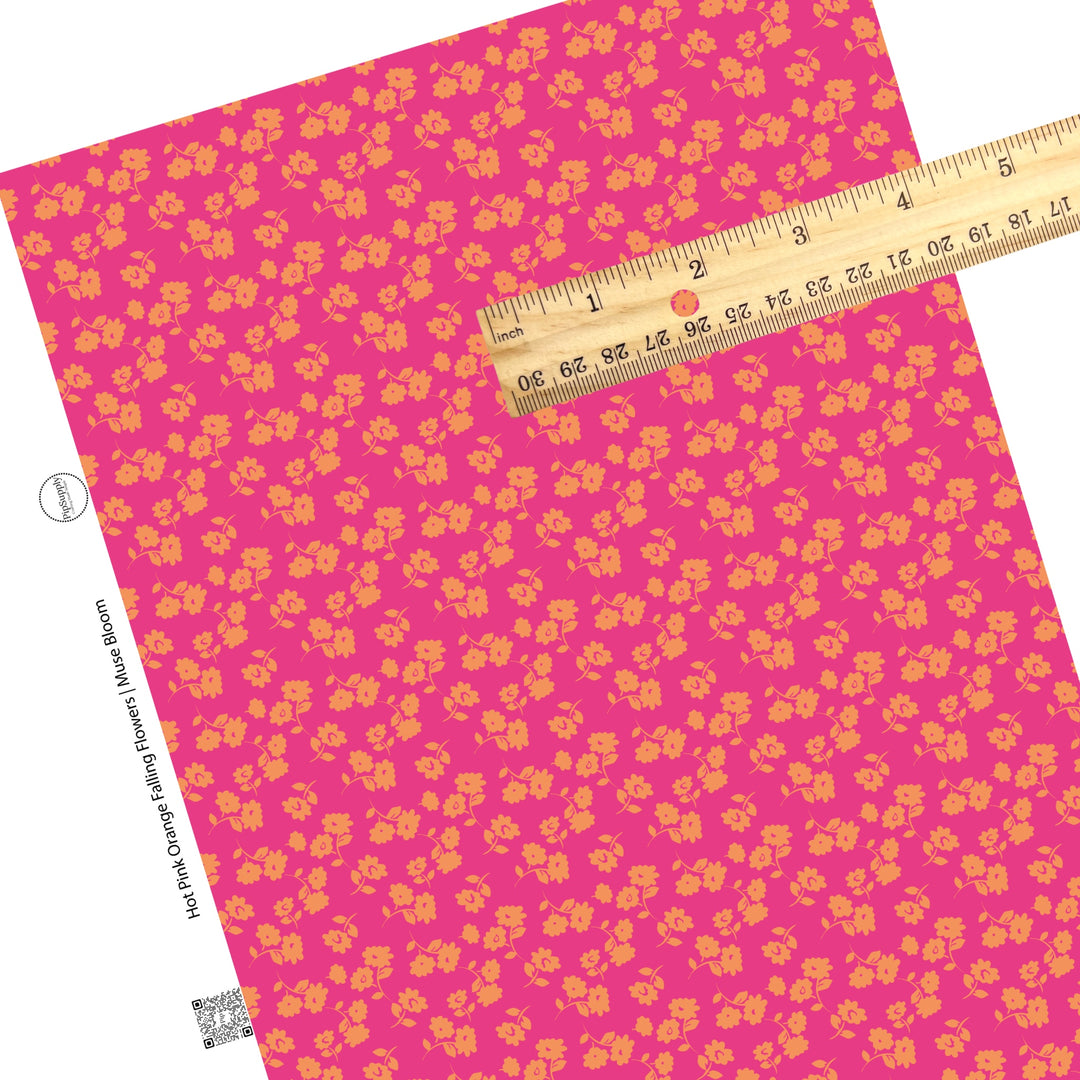 These floral themed hot pink faux leather sheets contain the following design elements: orange flowers on hot pink. 