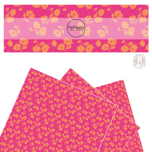 These floral themed hot pink faux leather sheets contain the following design elements: orange flowers on hot pink. 