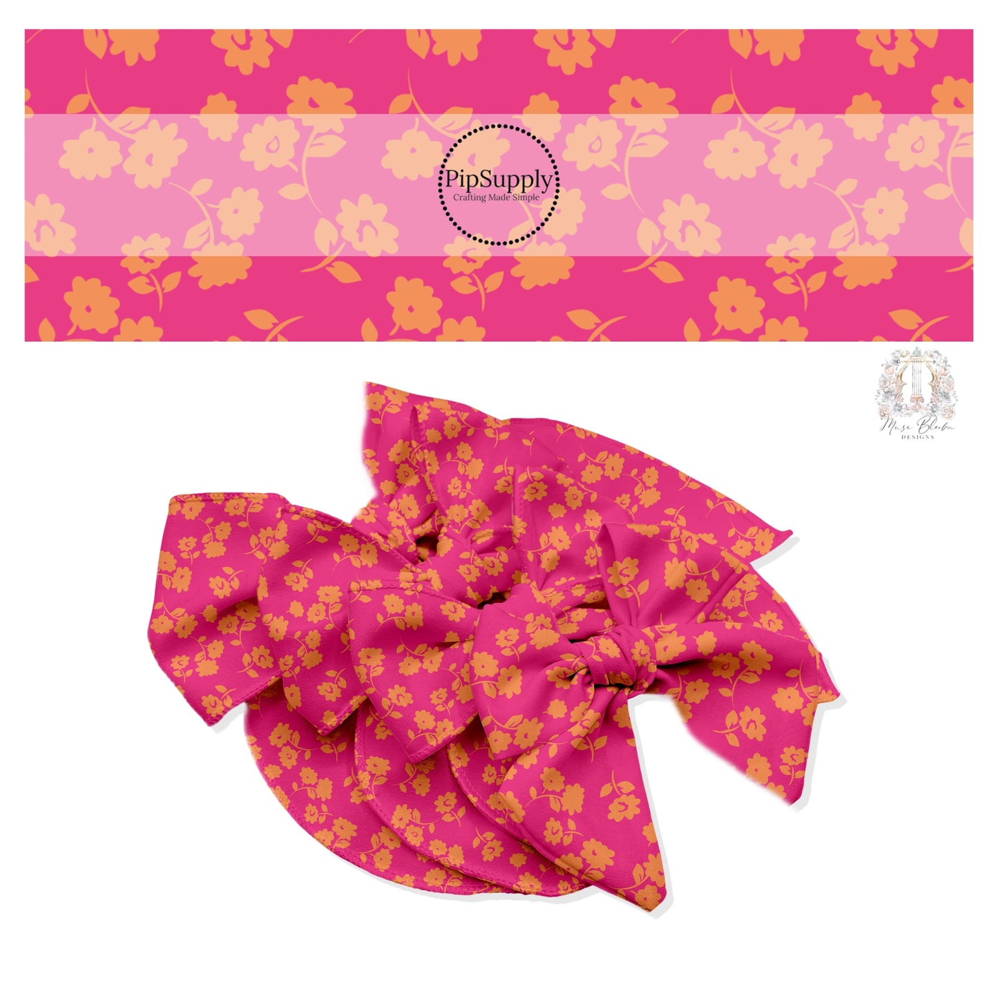 These floral themed hot pink no sew bow strips can be easily tied and attached to a clip for a finished hair bow. These fun summer floral themed bow strips features orange flowers on hot pink are great for personal use or to sell.