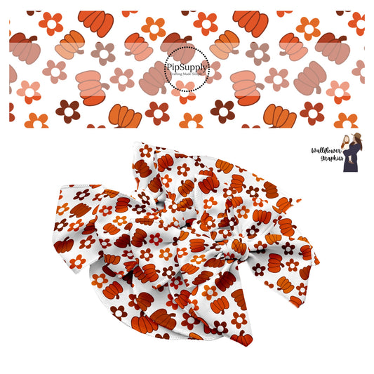 Multi orange flowers and pumpkins on white hair bow strips