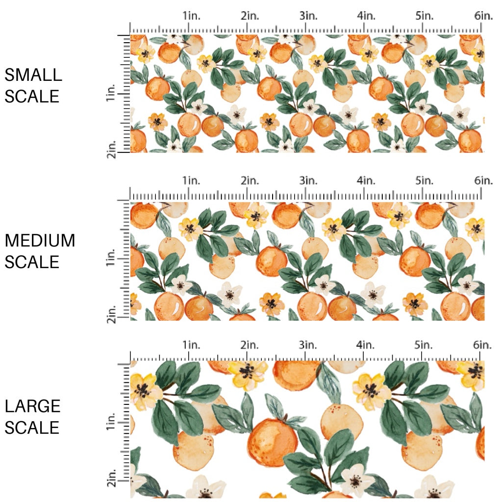 These fruit themed fabric by the yard features oranges, flowers, and leaves. This fun pattern fabric can be used for all your sewing and crafting needs!