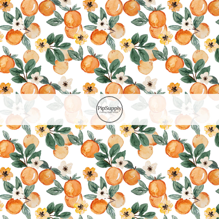 These fruit themed fabric by the yard features oranges, flowers, and leaves. This fun pattern fabric can be used for all your sewing and crafting needs!