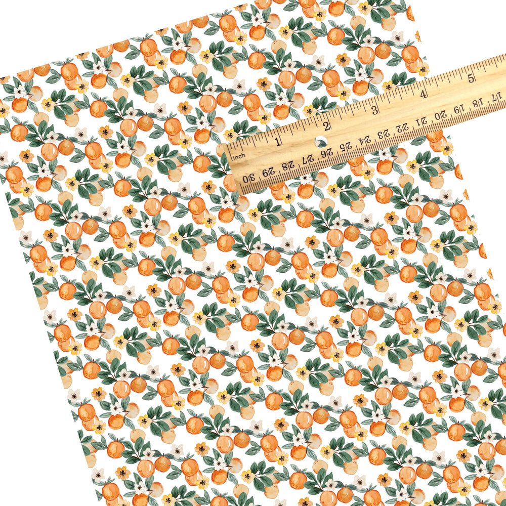 These fruit themed faux leather sheets contain the following design elements: oranges, flowers, and leaves. Our CPSIA compliant faux leather sheets or rolls can be used for all types of crafting projects.