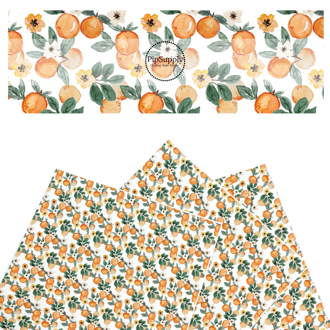 These fruit themed faux leather sheets contain the following design elements: oranges, flowers, and leaves. Our CPSIA compliant faux leather sheets or rolls can be used for all types of crafting projects.