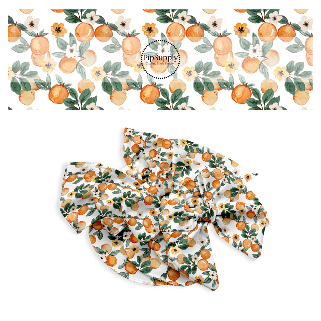 These fruit and flower themed no sew bow strips can be easily tied and attached to a clip for a finished hair bow. These bow strips are great for personal use or to sell. These bow strips feature the following design elements: oranges, flowers, and leaves.