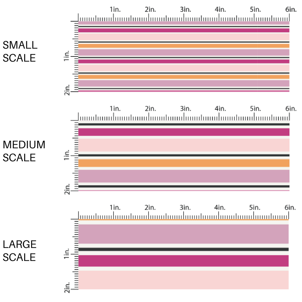 This scale chart of small scale, medium scale, and large scale of these Halloween stripe themed fabric by the yard features white, light pink, dark pink, black and orange stripes. This fun spooky themed fabric can be used for all your sewing and crafting needs! 