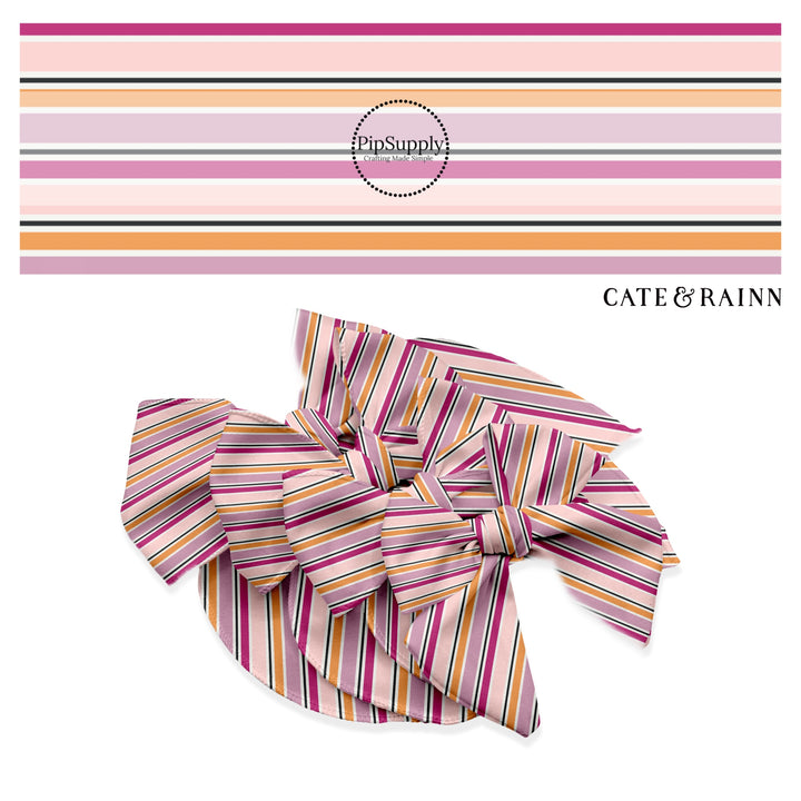 These Halloween stripe themed no sew bow strips can be easily tied and attached to a clip for a finished hair bow. These fun spooky bow strips are great for personal use or to sell. The bow stripes features white, light pink, dark pink, black and orange stripes. 