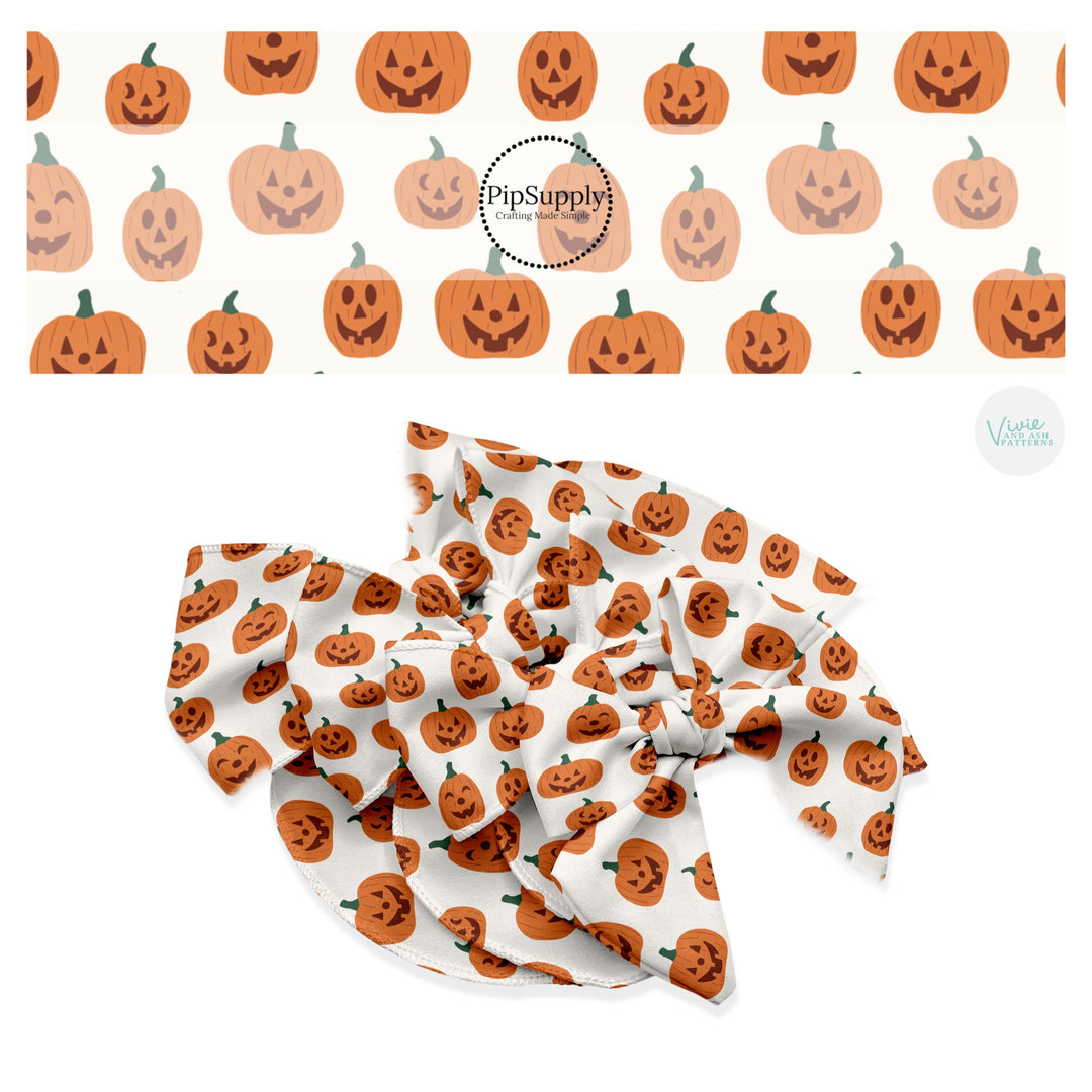 Orange pumpkins with scary faces on cream hair bow strips