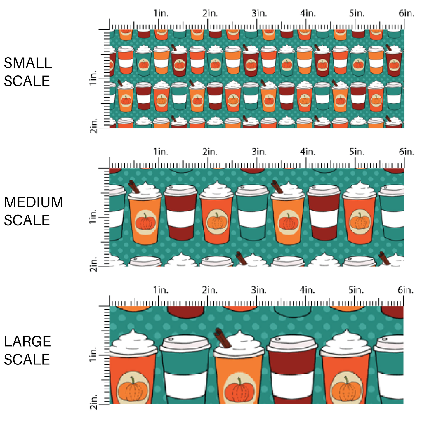 This scale chart of small scale, medium scale, and large scale of these fall pumpkin themed teal fabric by the yard features pumpkin spice cups that are orange, teal, and brown. This fun fall themed fabric can be used for all your sewing and crafting needs! 