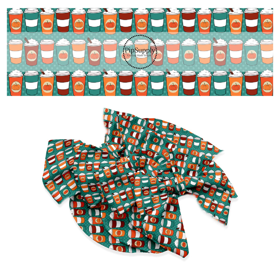 These fall pumpkin themed teal no sew bow strips can be easily tied and attached to a clip for a finished hair bow. These fun fall bow strips are great for personal use or to sell. The bow strips features pumpkin spice cups that are orange, teal, and brown. 