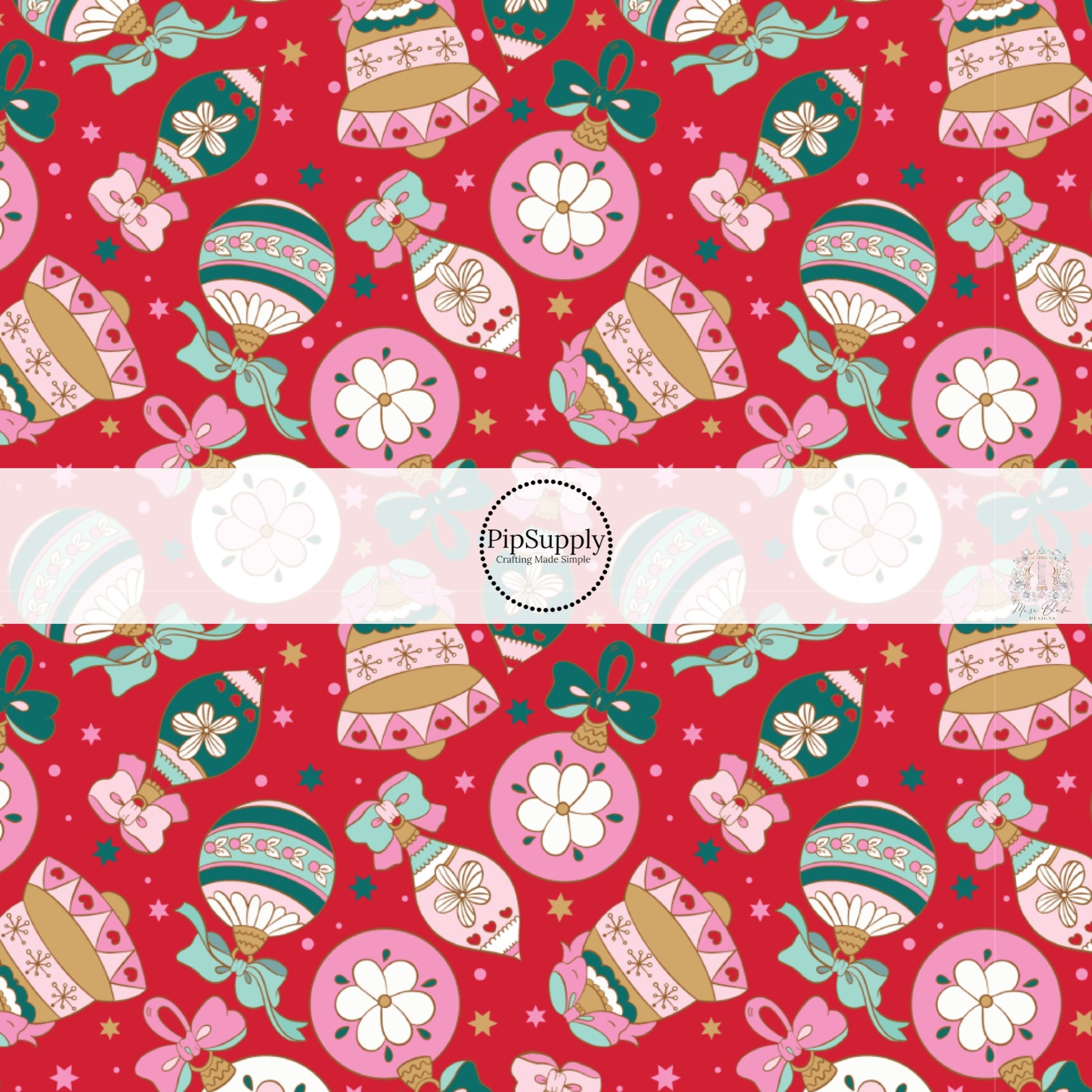 Pink, green, and gold vintage ornaments on red hair bow strips