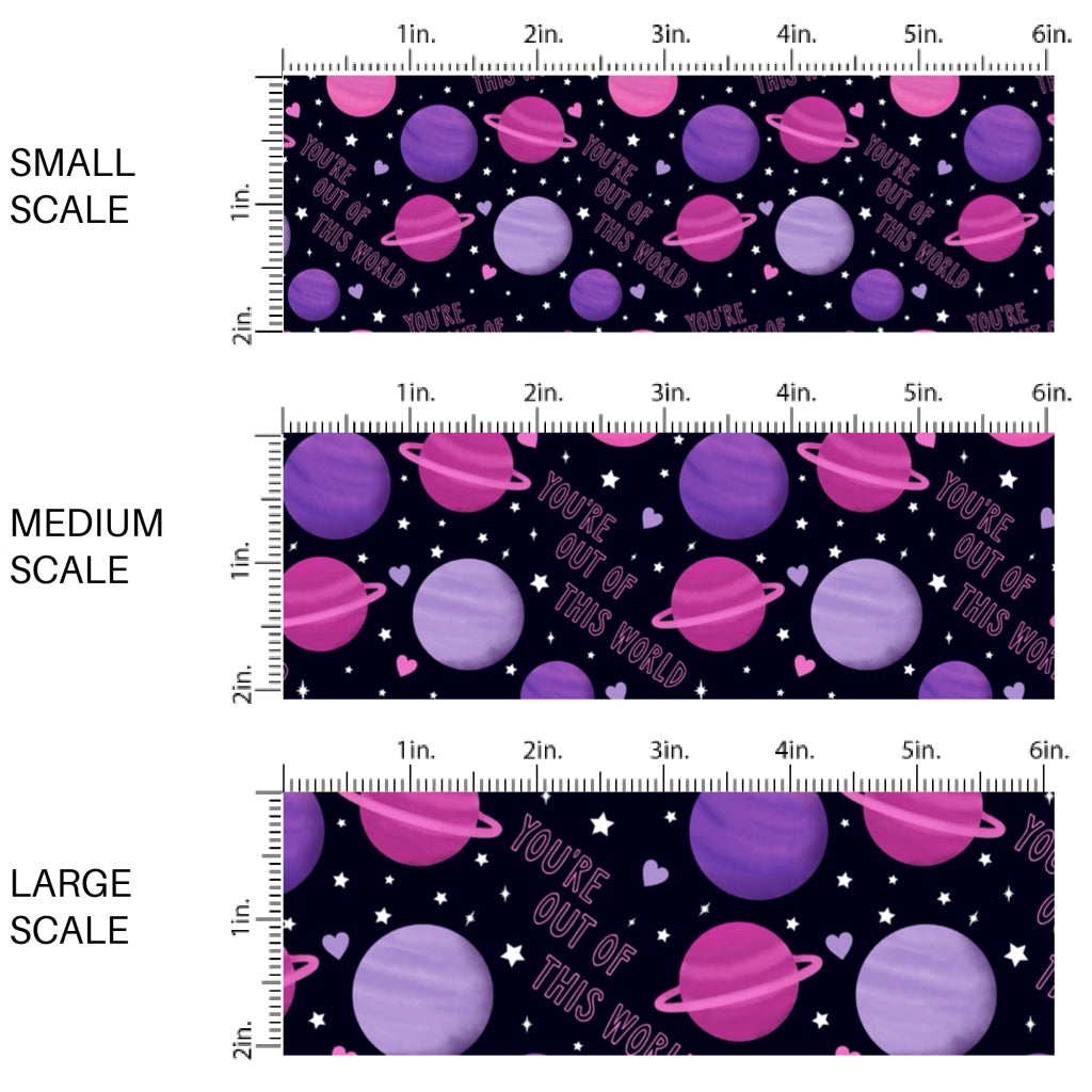 This holiday fabric by the yard features "You're out of this world" saying and purple planets. This festive pattern fabric can be used for all your sewing and crafting needs!