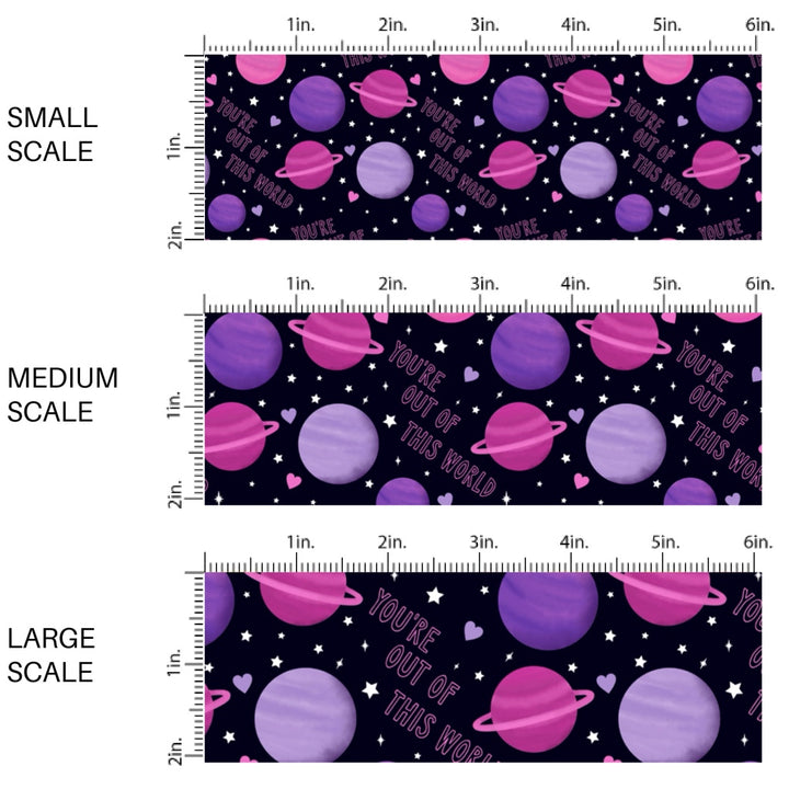 This holiday fabric by the yard features "You're out of this world" saying and purple planets. This festive pattern fabric can be used for all your sewing and crafting needs!