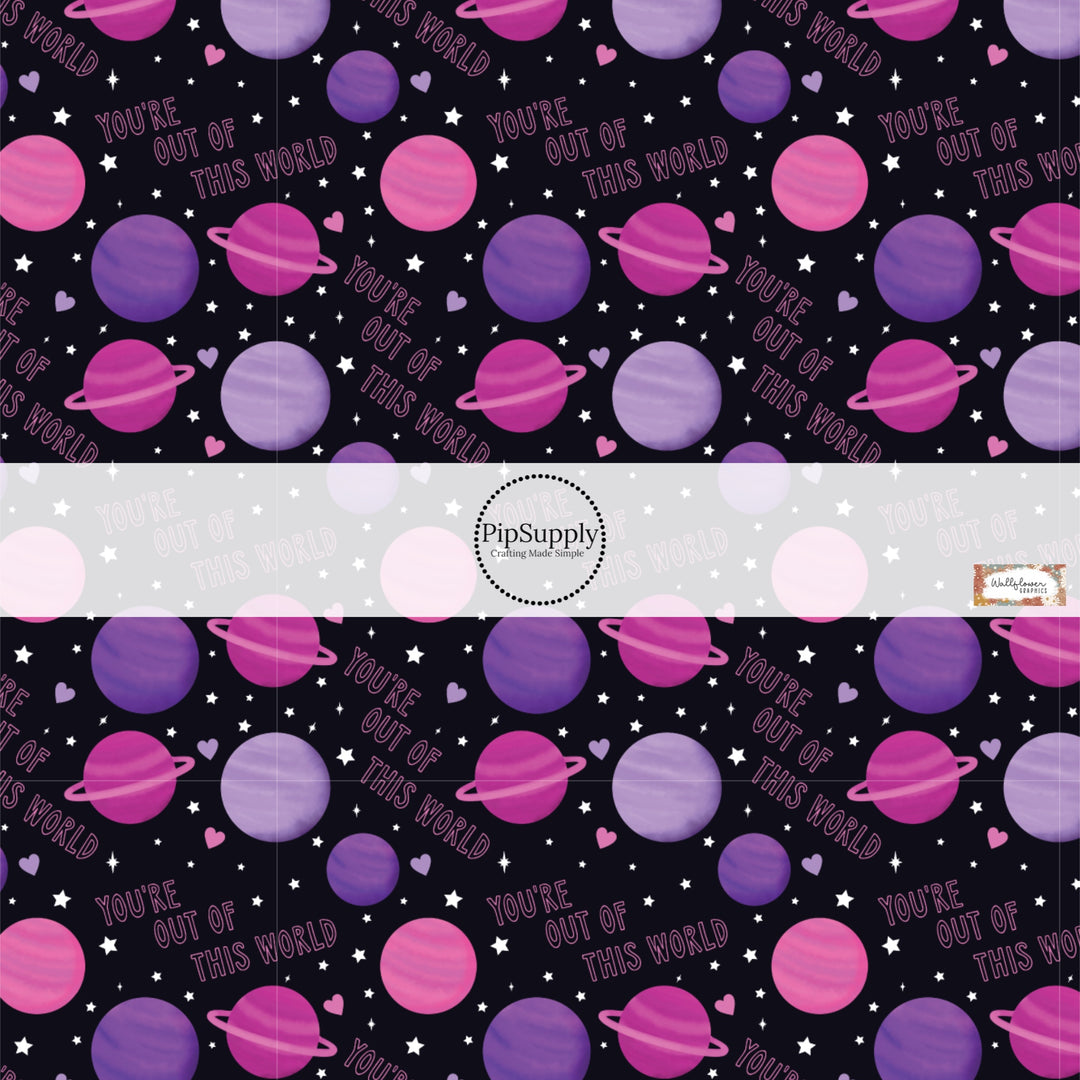 This holiday fabric by the yard features "You're out of this world" saying and purple planets. This festive pattern fabric can be used for all your sewing and crafting needs!