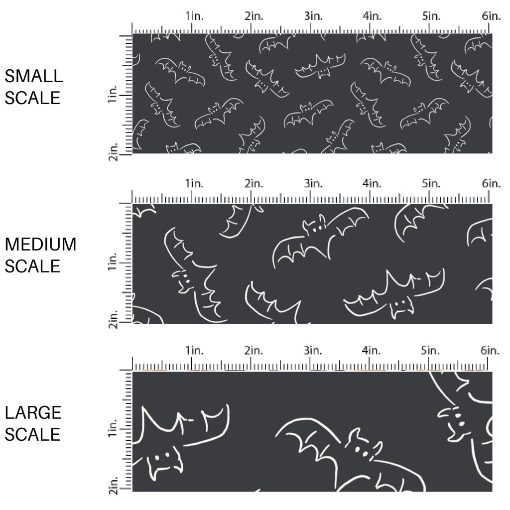 This scale chart of small scale, medium scale, and large scale of these Halloween themed pattern fabric by the yard features the following design elements: bat outlines on black. This fun spooky themed fabric can be used for all your sewing and crafting needs!