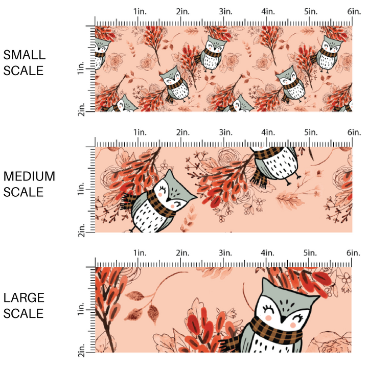 This scale chart of small scale, medium scale, and large scale of these fall themed peach fabric by the yard features autumn branches and leaves with owls on light pink. This fun fall themed fabric can be used for all your sewing and crafting needs! 