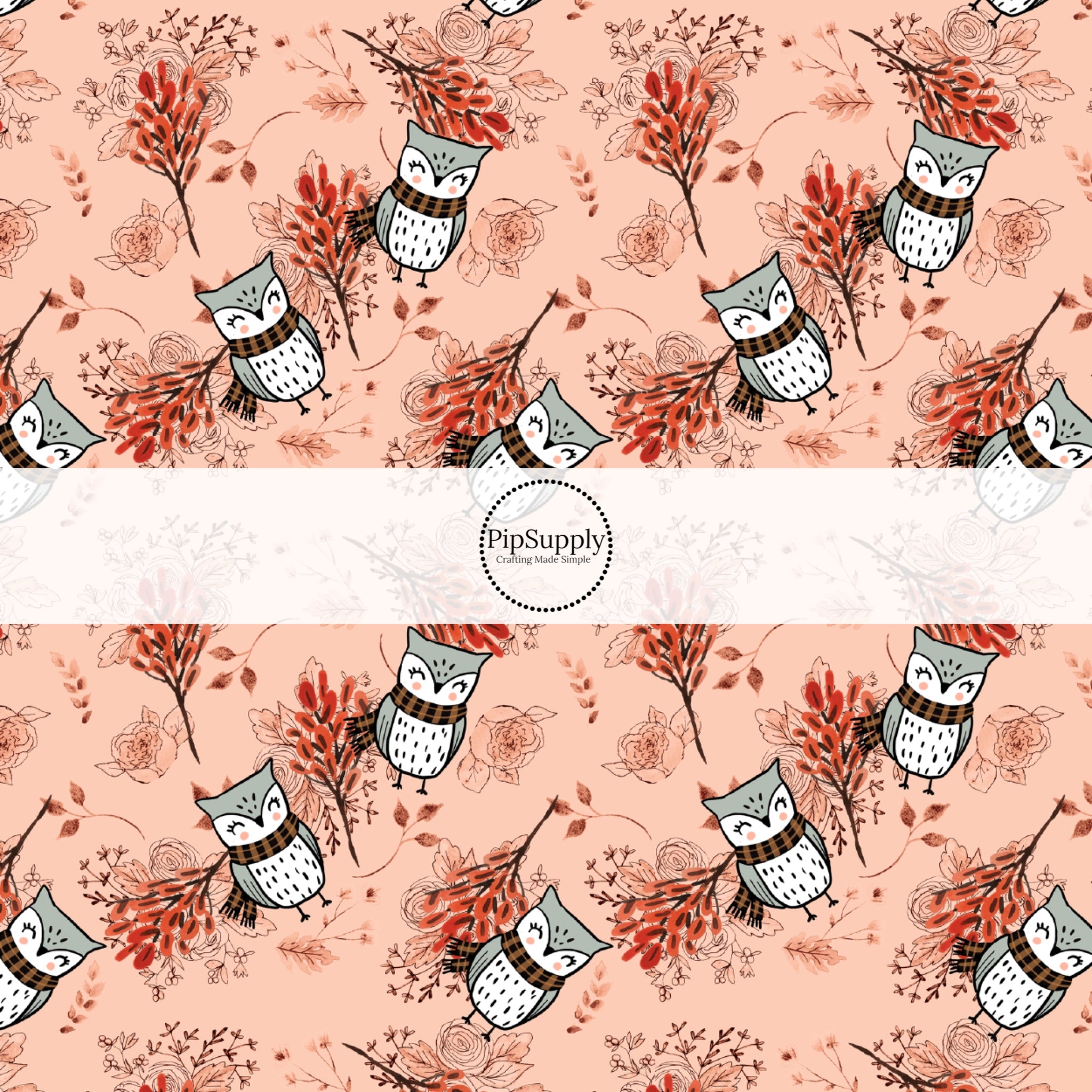 Fall Pattern Peach Fall Owls Surrounded By Branches On Peach Fabric By The Yard - Autumn ...