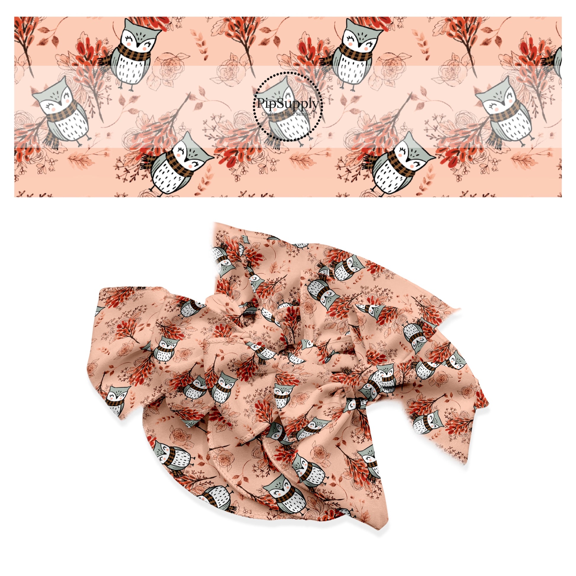 These fall themed peach no sew bow strips can be easily tied and attached to a clip for a finished hair bow. These fun fall bow strips are great for personal use or to sell. The bow strips features autumn branches and leaves with owls on light pink. 