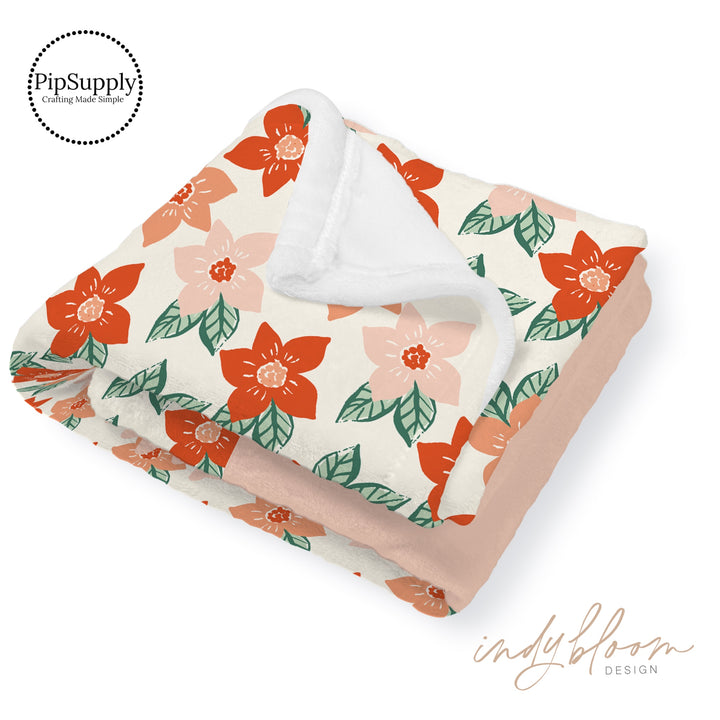 This Christmas floral designer pattern is printed onto the front side of our soft touch minky blankets. The backside will not be printed and left the natural cream/white color of the blanket. This print pattern features red and pink flowers on cream.