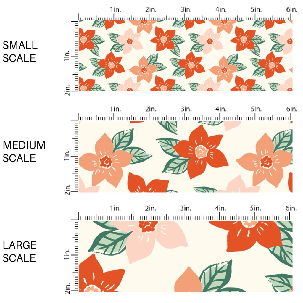 These Christmas floral themed pattern fabric by the yard features the following design elements: red and pink flowers on cream. This fun themed fabric can be used for all your sewing and crafting needs!