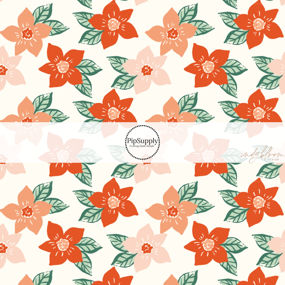 These Christmas floral themed pattern fabric by the yard features the following design elements: red and pink flowers on cream. This fun themed fabric can be used for all your sewing and crafting needs!