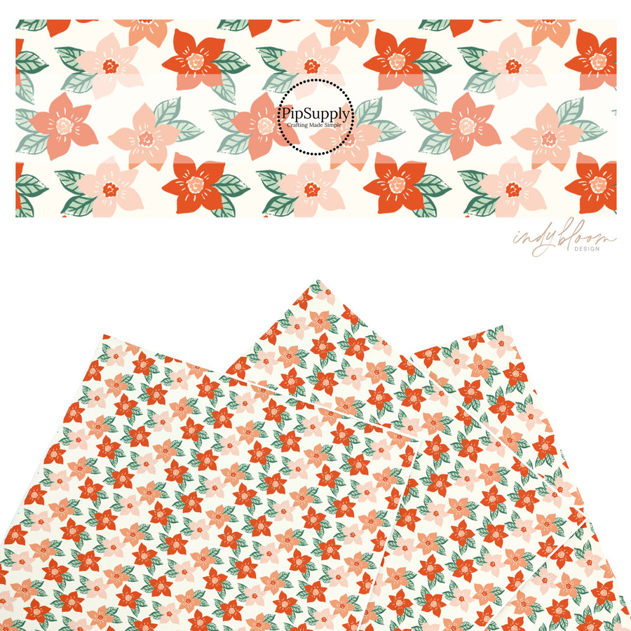 These Christmas floral themed pattern faux leather sheets contain the following design elements: red and pink flowers on cream. Our CPSIA compliant faux leather sheets or rolls can be used for all types of crafting projects.