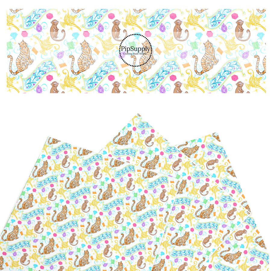 These magical princess themed faux leather sheets contain the following design elements: animals, magic carpets, and genie lamps. Our CPSIA compliant faux leather sheets or rolls can be used for all types of crafting projects.