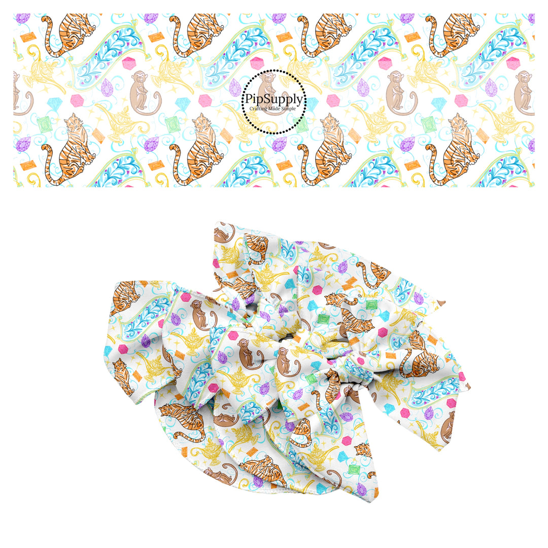 These magical princess themed no sew bow strips can be easily tied and attached to a clip for a finished hair bow. These bow strips are great for personal use or to sell. These bow strips feature the following design elements: animals, magic carpets, and genie lamps.