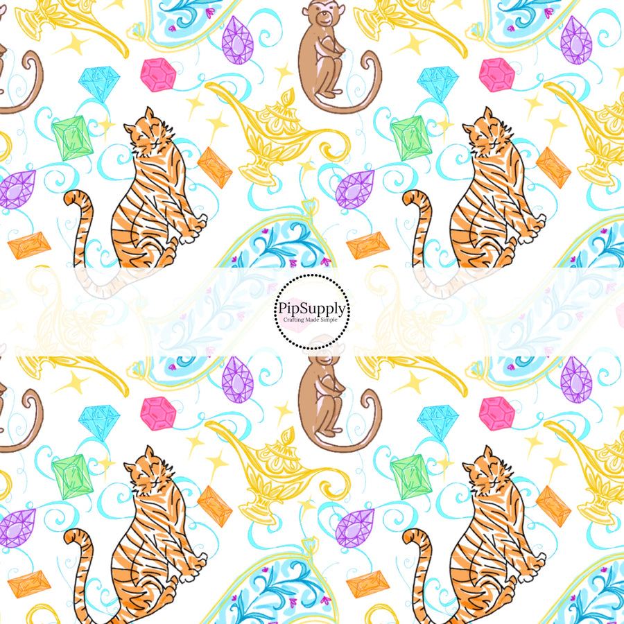 These magical princess themed no sew bow strips can be easily tied and attached to a clip for a finished hair bow. These bow strips are great for personal use or to sell. These bow strips feature the following design elements: animals, magic carpets, and genie lamps.
