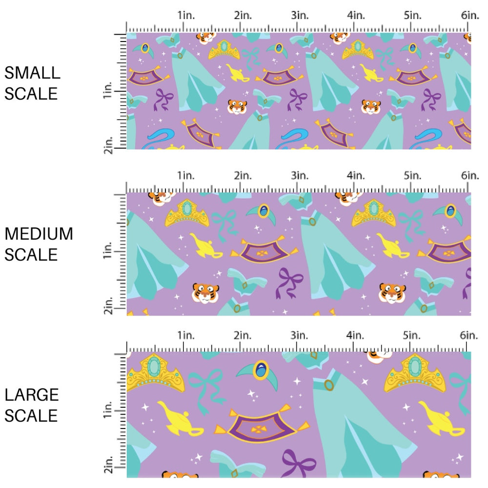These magical princess themed fabric by the yard features princess dresses, bows, and tiaras on a purple pattern. This fun pattern fabric can be used for all your sewing and crafting needs!